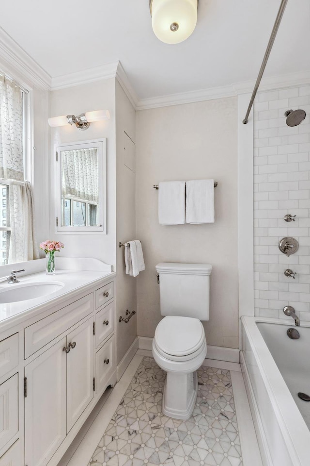 1035 Park Ave Unit 6B, New York City, NY 10028 - bathroom featuring vanity, toilet, ornamental molding, shower / bathtub combination, and baseboards