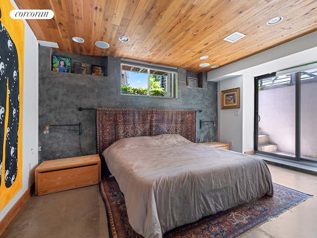 bedroom featuring recessed lighting, access to exterior, wooden ceiling, an accent wall, and finished concrete floors