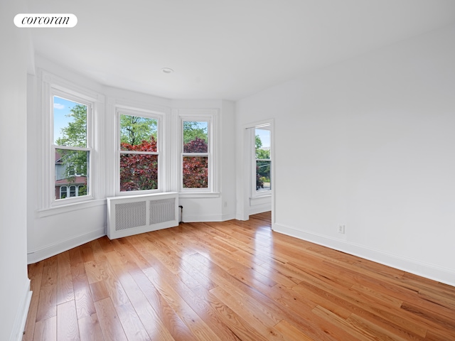 unfurnished room with radiator heating unit, light wood-style flooring, and baseboards