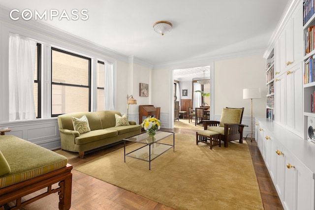 200 W 54th St Unit 8G, New York City, NY 10019 - living area featuring ornamental molding and built in shelves
