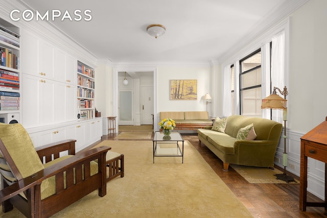200 W 54th St Unit 8G, New York City, NY 10019 - living room with crown molding, light wood-style floors, and built in features
