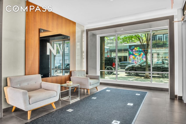 common area featuring wooden walls