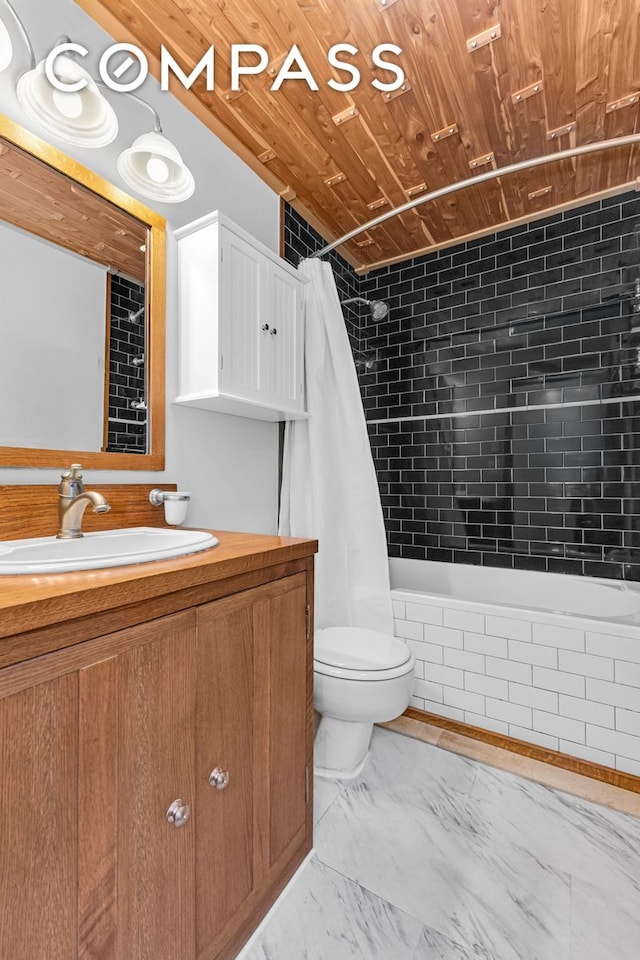 full bath featuring wood ceiling, marble finish flooring, toilet, and vanity