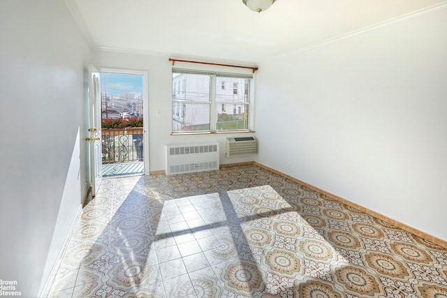 26-08 24th Ave, New York City, NY 11102 - tiled spare room featuring radiator heating unit, healthy amount of natural light, a wall unit AC, crown molding, and baseboards