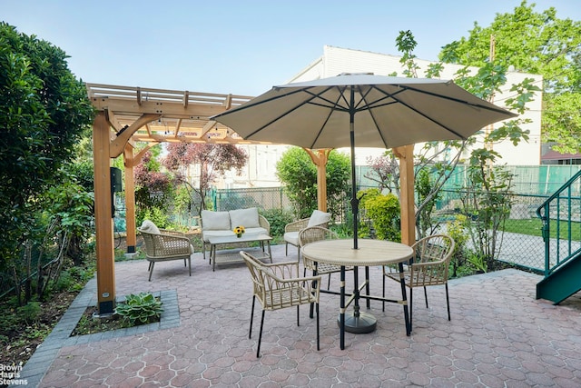 26-08 24th Ave, New York City, NY 11102 - fenced backyard featuring a pergola, a patio area, and outdoor lounge area