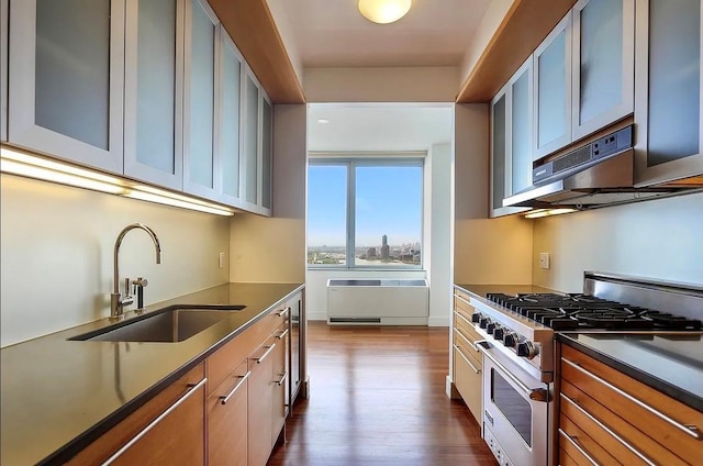 30 W St Unit 20F, New York City, NY 10004 - kitchen featuring high end stainless steel range, a sink, dark countertops, and dark wood-style floors