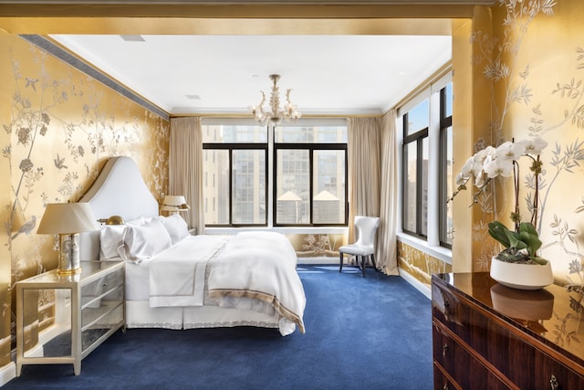 45 E 30th St Phb, Phb, New York City, NY 10016 - carpeted bedroom with wallpapered walls, a chandelier, and ornamental molding
