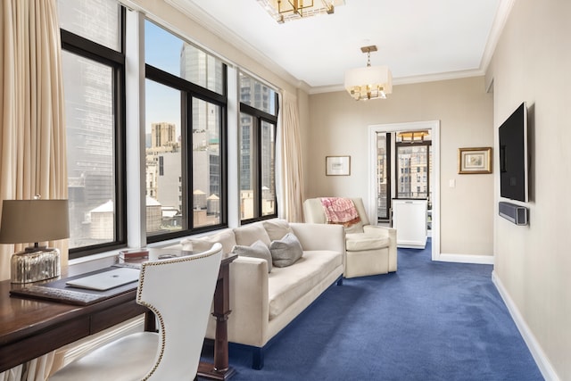 45 E 30th St Phb, Phb, New York City, NY 10016 - living area with plenty of natural light, crown molding, a chandelier, and dark carpet