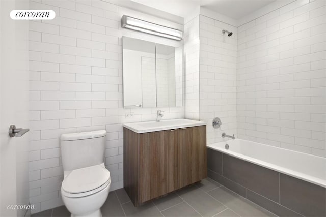 23 W 116th St Unit 11A, New York City, NY 10026 - full bathroom featuring toilet, vanity, shower / tub combination, tile walls, and tile patterned flooring