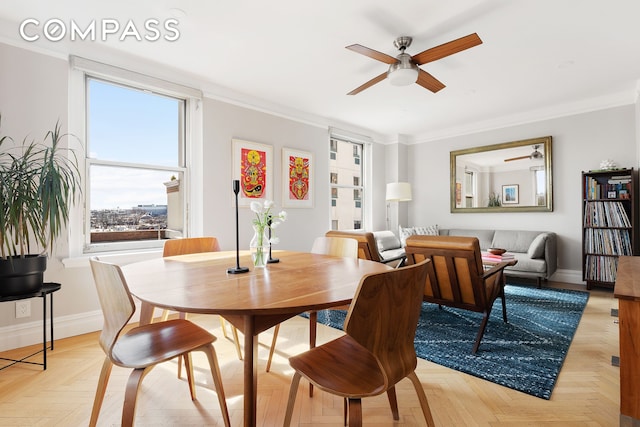 39 Plaza St W Unit 7C, New York City, NY 11217 - dining area with ceiling fan, baseboards, and ornamental molding