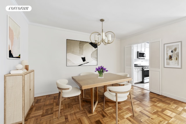500 E 83rd St Unit 3D, New York City, NY 10028 - dining room featuring a chandelier, crown molding, and baseboards