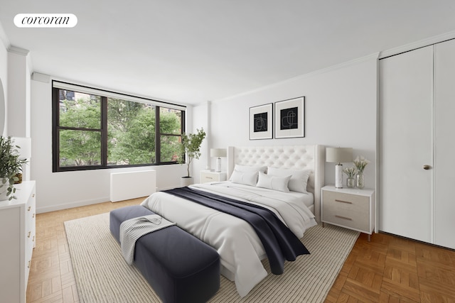 500 E 83rd St Unit 3D, New York City, NY 10028 - bedroom featuring radiator, ornamental molding, and baseboards