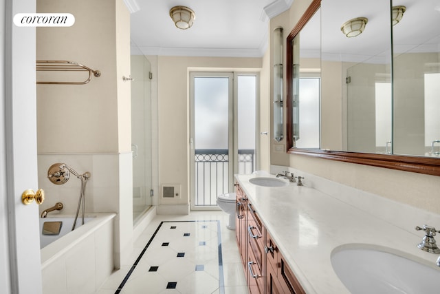 bathroom with a shower stall, toilet, double vanity, tile patterned flooring, and a bath