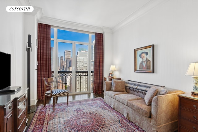 living room featuring crown molding, wood finished floors, and a view of skyline