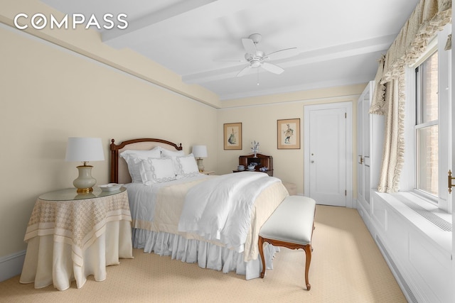 575 Park Ave Unit 608/609, New York City, NY 10065 - carpeted bedroom with beam ceiling and a ceiling fan