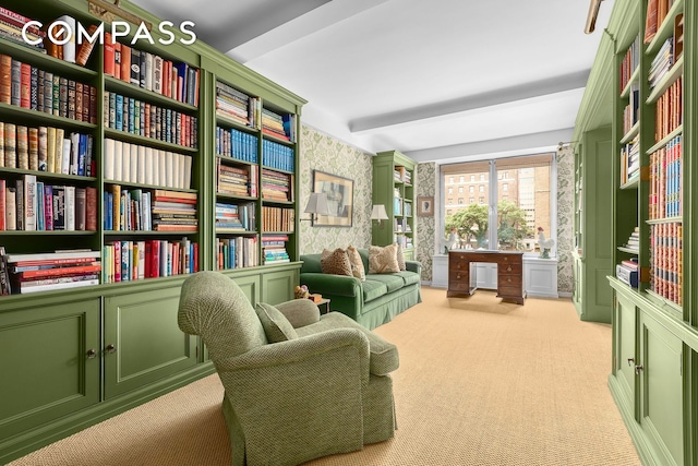 575 Park Ave Unit 608/609, New York City, NY 10065 - sitting room featuring carpet flooring, beam ceiling, and wallpapered walls