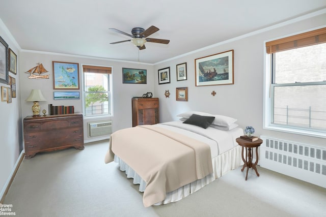 225 E 76th St Unit 4A, New York City, NY 10021 - bedroom featuring radiator, carpet floors, a wall mounted air conditioner, crown molding, and baseboards