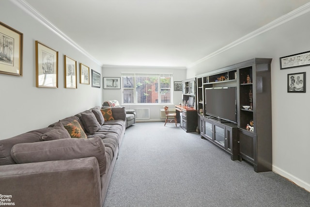 225 E 76th St Unit 4A, New York City, NY 10021 - carpeted living area with crown molding and baseboards