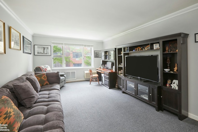 225 E 76th St Unit 4A, New York City, NY 10021 - carpeted living room featuring crown molding, an office area, and baseboards
