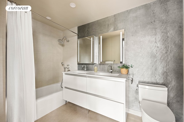 123 Clinton Ave Unit 4B, New York City, NY 11205 - full bath with toilet, shower / bath combo, tile patterned floors, and double vanity