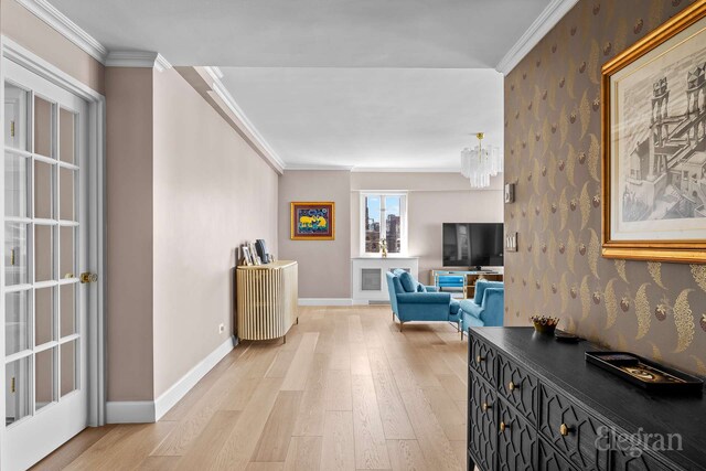 166 E 63rd St Unit 20A, New York City, NY 10065 - corridor featuring crown molding, light wood-style flooring, baseboards, and wallpapered walls