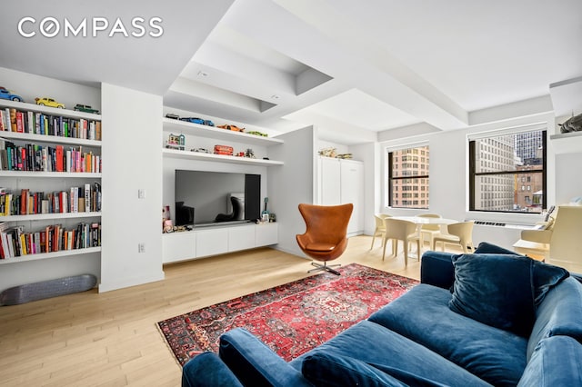 20 Pine St Unit 1201, New York City, NY 10005 - living room with wood finished floors, beamed ceiling, and coffered ceiling