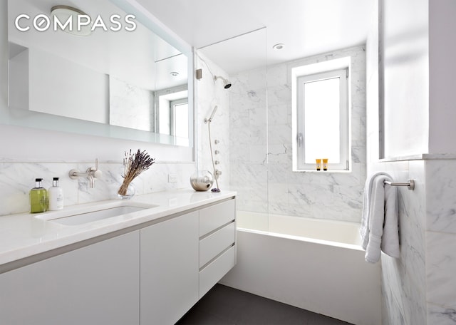 45 E 72nd St Unit 9Bc, New York City, NY 10021 - full bath featuring vanity, bathtub / shower combination, and decorative backsplash