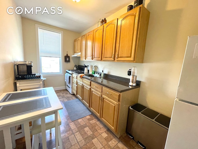 25-21 23rd St Unit 24, New York City, NY 11102 - kitchen featuring white appliances, under cabinet range hood, dark countertops, brick patterned floors, and a sink