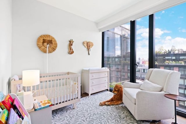 21-30 44th Dr Unit 7C, New York City, NY 11101 - carpeted bedroom featuring a nursery area and a city view