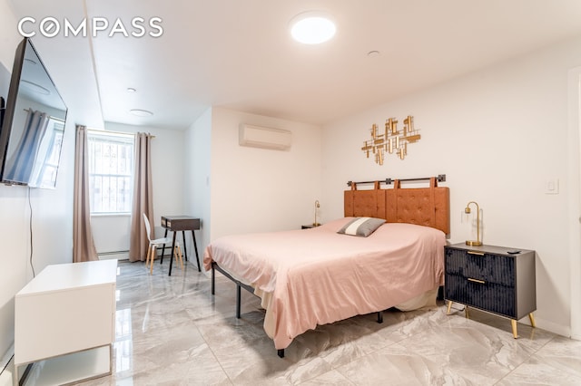 212 E 70th St Unit B, New York City, NY 10021 - bedroom with a wall unit AC, light marble finish flooring, and a baseboard heating unit