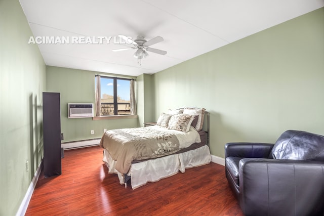 301 W 110th St Unit 6A, New York City, NY 10026 - bedroom with a baseboard heating unit, an AC wall unit, baseboards, wood finished floors, and ceiling fan