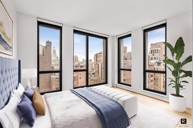 160 E 22nd St Unit 18-A, New York City, NY 10010 - bedroom featuring multiple windows, wood finished floors, a view of skyline, and expansive windows