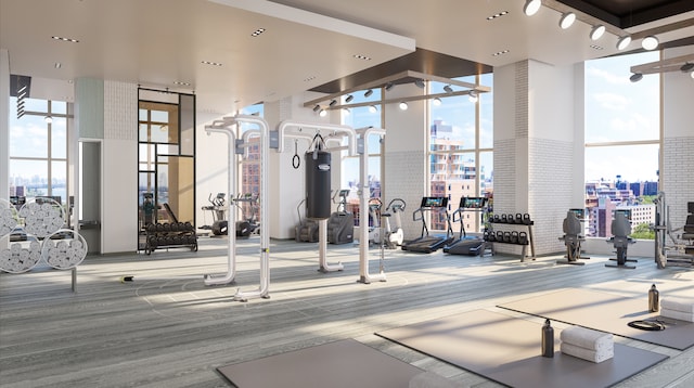 1 City Pt Unit 59E, New York City, NY 11201 - gym with a city view, carpet floors, and a towering ceiling
