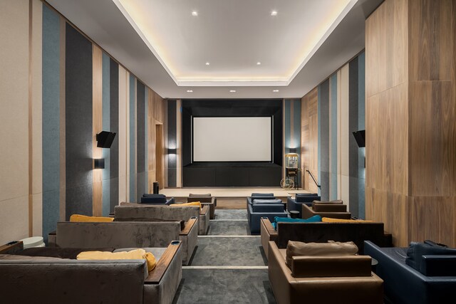 1 City Pt Unit 59E, New York City, NY 11201 - home theater featuring a tray ceiling, dark carpet, and wallpapered walls