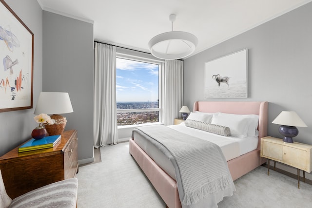 1 City Pt Unit 59E, New York City, NY 11201 - bedroom with light carpet, crown molding, and baseboards