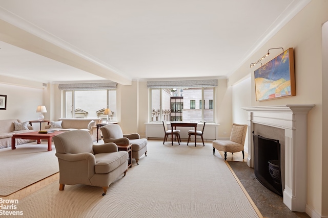 3 E 71st St Unit 7/8C, New York City, NY 10021 - living area featuring plenty of natural light, ornamental molding, carpet flooring, and a fireplace