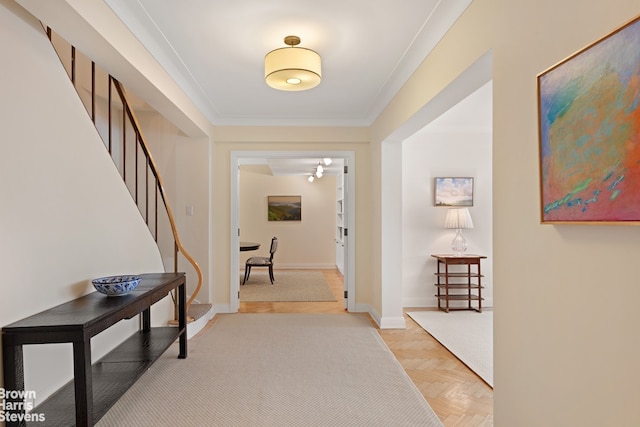 3 E 71st St Unit 7/8C, New York City, NY 10021 - hallway with stairway, ornamental molding, and baseboards