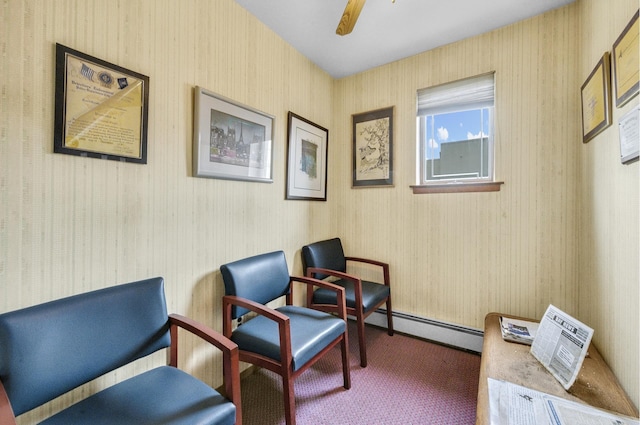 2256 Hendrickson St Unit P1, New York City, NY 11234 - sitting room featuring a baseboard heating unit, carpet, wallpapered walls, and ceiling fan