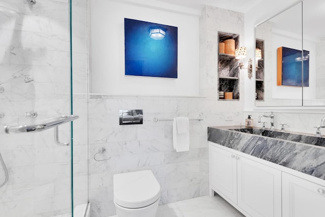 3 E 71st St Unit 10/11B, New York City, NY 10021 - full bathroom with a shower stall, vanity, toilet, and tile walls