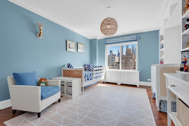 3 E 71st St Unit 10/11B, New York City, NY 10021 - bedroom with crown molding, baseboards, and a view of city