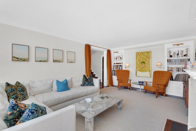 3 E 71st St Unit 10/11B, New York City, NY 10021 - carpeted living room featuring ornamental molding and stairs