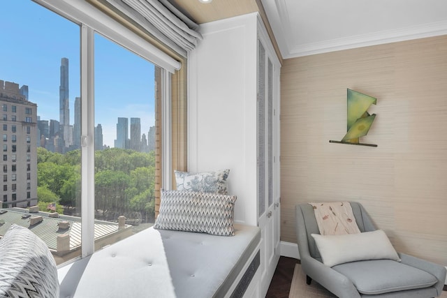 3 E 71st St Unit 10/11B, New York City, NY 10021 - living area with a view of skyline and crown molding