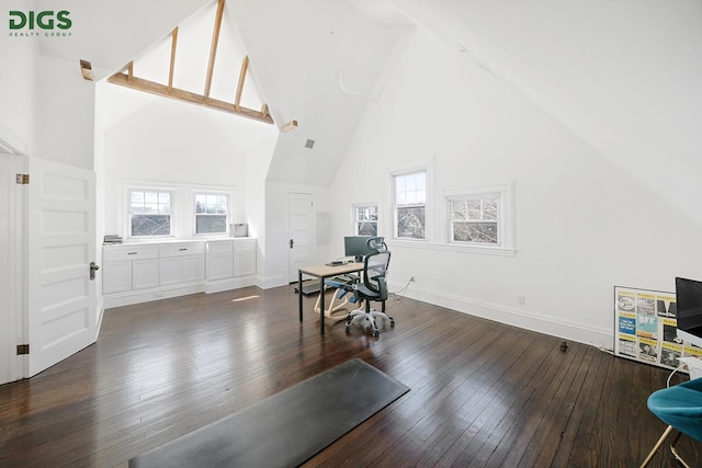 685 E 22nd St, New York City, NY 11210 - office space with high vaulted ceiling, wood-type flooring, and baseboards