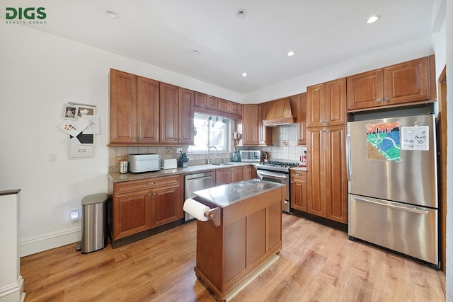 685 E 22nd St, New York City, NY 11210 - kitchen with stainless steel appliances, a sink, light wood-style flooring, backsplash, and recessed lighting