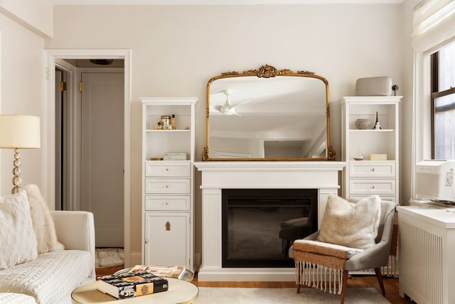 74 W 68th St Unit 7F, New York City, NY 10023 - living room featuring wood finished floors and a glass covered fireplace