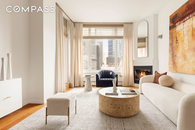 205 E 59th St Unit 14B, New York City, NY 10022 - sitting room with wood finished floors, a baseboard heating unit, a glass covered fireplace, and baseboards