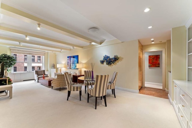 575 Park Ave Unit 507, New York City, NY 10065 - dining space featuring light colored carpet, beamed ceiling, baseboards, and recessed lighting