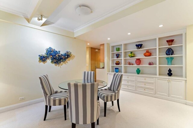575 Park Ave Unit 507, New York City, NY 10065 - dining area with ornamental molding, light carpet, recessed lighting, and baseboards