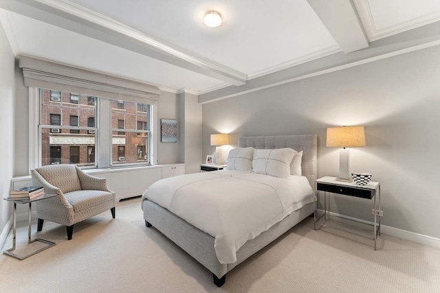 575 Park Ave Unit 507, New York City, NY 10065 - bedroom with light colored carpet, beam ceiling, baseboards, and ornamental molding