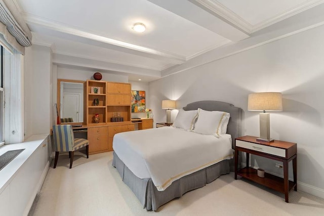 575 Park Ave Unit 507, New York City, NY 10065 - bedroom with light carpet, crown molding, and beamed ceiling